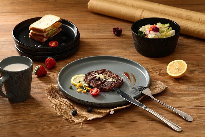 Bestone 16 Piece Round Kitchen Dinnerware Sets,Plates and Bowls sets,Dishes, Dinner Plates, Cereal Bowls Set，Bowls, Mugs, Dish Set，Plates and Bowls,Service for 4, Stoneware Dinnerware,Black matte