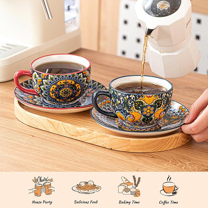 Henten Home Ceramic 8.5 oz Tea Cup Set, Latte Cup with Saucers Set of 6, Boho Style Cup for Cappuccino, Coffee, Hot Cocoa, Espresso, Microwave & Dishwasher Safe