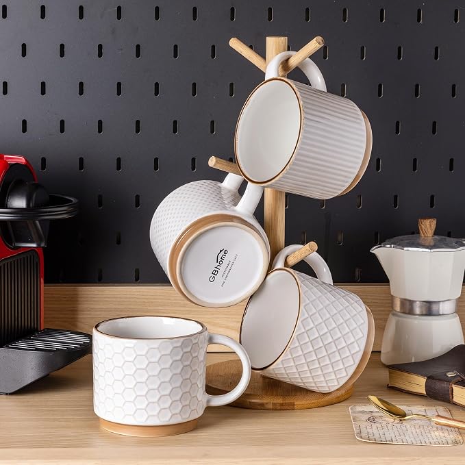 GBHOME 12OZ Stackable Coffee Mugs, Ceramic Coffee Mugs with Texture Patterns for Man,Woman,Dad,Mom, Modern Coffee Mugs Set of 4 for Latte/Cappuccino/Cocoa. Dishwasher&Microwave Safe, Off White
