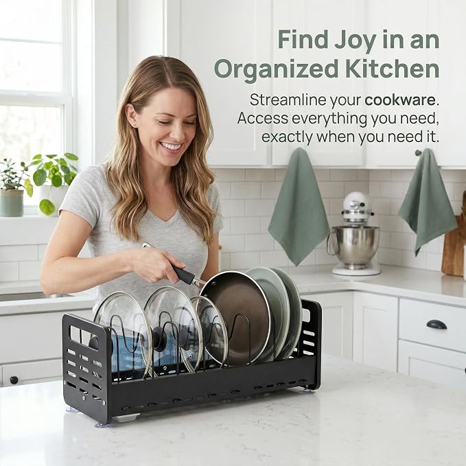Pots and Pans Organizer Under Cabinet, Expandable 15.4"-24.8" Adjustable Pot and Pan Rack, Heavy Duty Pot Lid Organizer with Removable Drip Tray for Kitchen Cabinets, Countertops