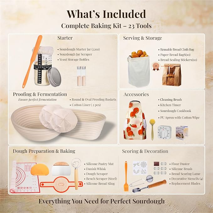Sourdough Starter Kit, 23-Piece Bread Baking Set with Banneton Proofing Baskets Round & Oval, Starter Jar, Lame, Dough Whisk, Scraper & Sling - Sourdough Baking Supplies Gift for Beginners