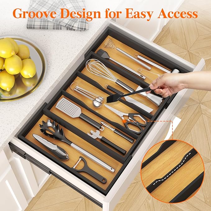 Lifewit Silverware and Cooking Utensil Drawer Organizer Set – Expandable Adjustable Bamboo Storage for Cutlery, Flatware, Spoons, Forks, Knives, and Kitchen Tools, BPA-Free, Natural and Black