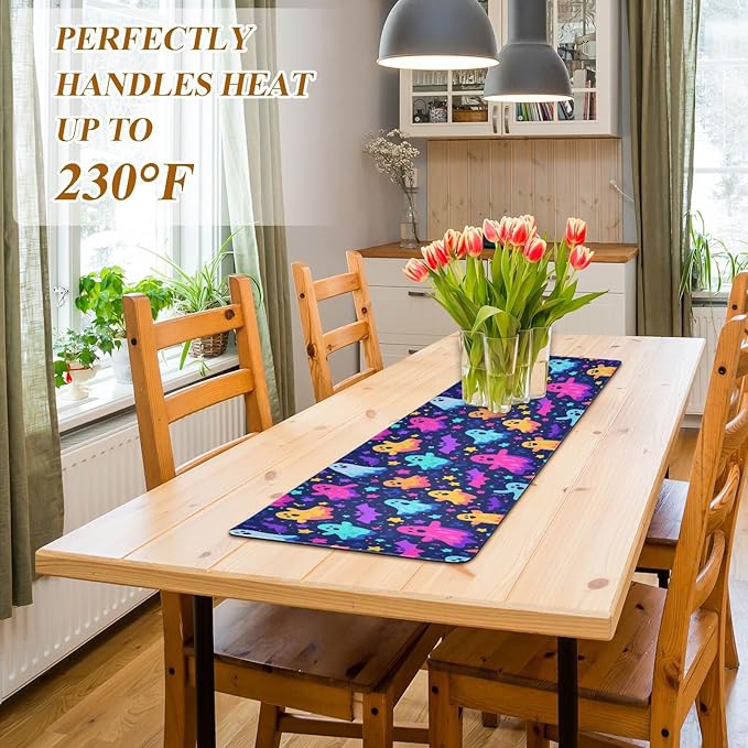 2 in 1 Table Runner Trivet for Hot Pots and Pans Heat Resistant Non Slip Waterproof 39 x 12 Inch Decorative Table Protector for Kitchen Countertop Neon Halloween Ghosts Stars Bats