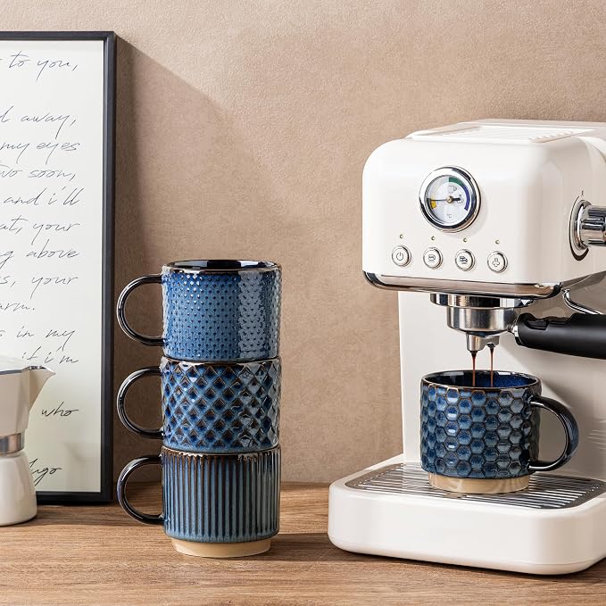 GBhome 12 OZ Stackable Coffee Mugs Set of 6, Ceramic Coffee Cups with Texture Patterns for Man,Woman,Dad,Mom, Modern Coffee Cups for Latte/Cappuccino/Cocoa. Dishwasher&Microwave Safe