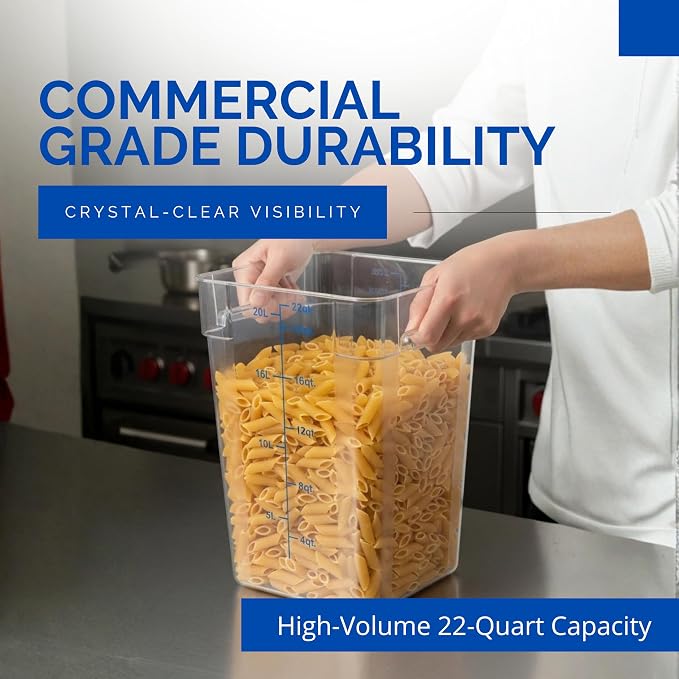 FSE 373-FC22C Food Container, 22 Qt Square Clear Storage Container with Measurement Markings, Stackable Space-Saving Design, Durable Construction, NSF, Lid Sold Separately