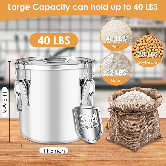 304 Stainless Steel Food Containers with Lids,21L/40LBS Airtight Food Storage Containers with Lock Clips for Flour Rice Sugar Coffee Bean,Stainless Steel Food Storage Containers for Kitchen