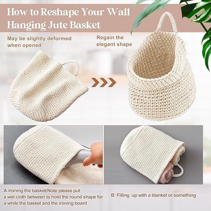 Honeydak Boho Decor Hanging Wall Baskets for Kitchen 3 Pack Teardrop Baskets with Hooks Storage Fruit Onion Vegetable Potato for Home 3 Sizes(White,Barrel,Cotton Rope)
