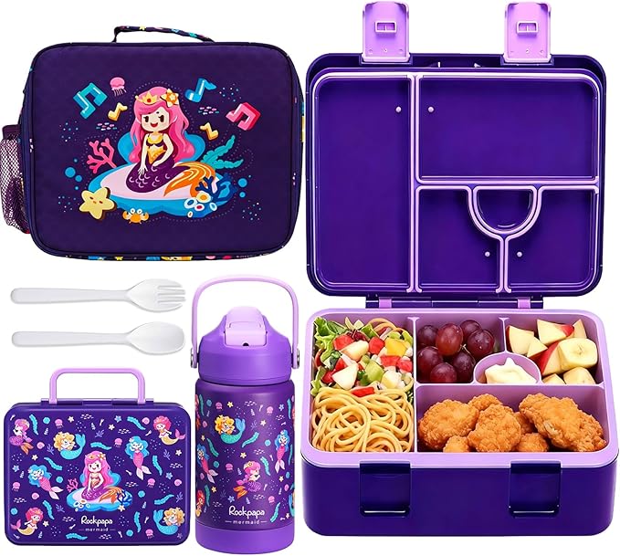 rockpapa Kids Lunch Box Set with 14oz Insulated Water Bottle & Lunch Bag, Leakproof 5.5 Cups Bento Box for School & Children, BPA-Free, Microwave Safe for Boys Girls (Purple Mermaid)