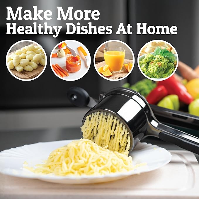 PriorityChef Large 15oz Potato Ricer With 3 Discs, Heavy Duty Stainless Steel Potato Ricer for Mashed Potatoes, Potato Masher, Press and Ricer Kitchen Tool, All Black