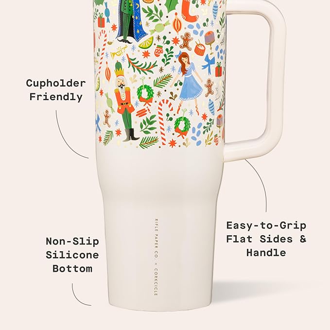 Corkcicle x Rifle Paper Co. Cruiser Insulated Tumbler with Handle & Straw - Keeps Drinks Cold 20 Hours - BPA-Free - Gift for Mom - Great for Mother's Day or Christmas - 40 oz - Nutcracker Ballet