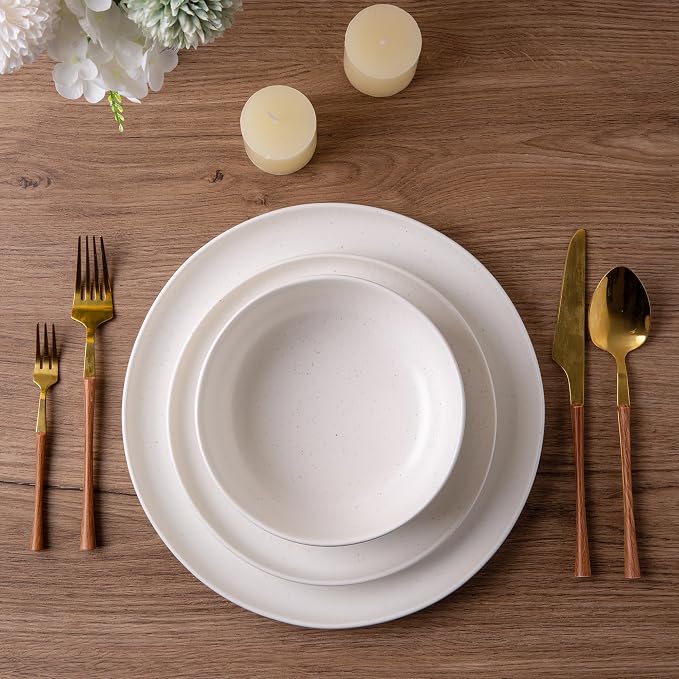 AmorArc Ceramic Dinnerware Sets, Wavy Rim Stoneware Plates and Bowls Sets,Dishwasher & Microwave & Oven Safe Dishes set, Service for 4 (12pc)-Matte Speckled White