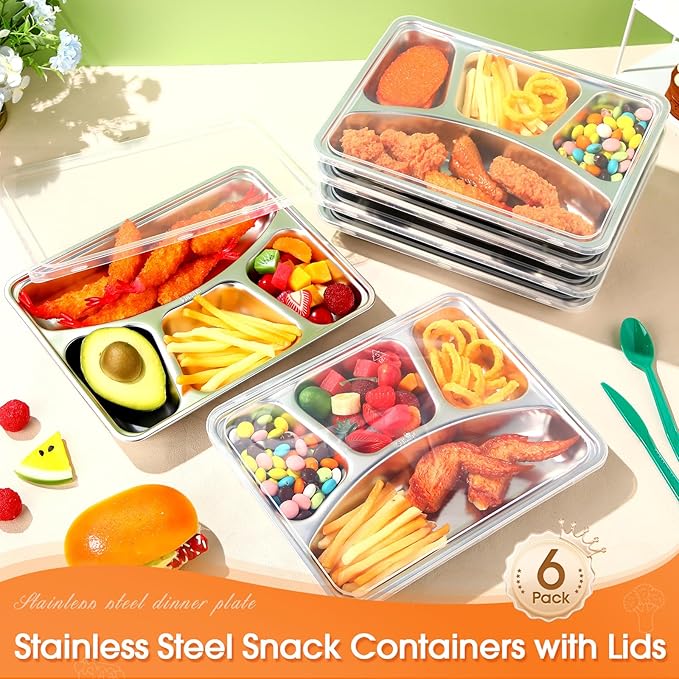 Patelai 6 Pcs Stainless Steel Snack Containers with Clear Flexible Lids Large 4 Compartment Heavy Duty Travel Bento Box Adult Lunch Box Reusable Food Storage Containers Plates for Office Home