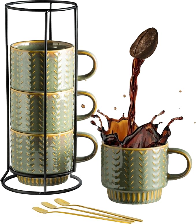 Miamolo Stackable Coffee Mugs Set of 4 with Spoons & Rack, Space-saving | 13oz, Ceramic, Dishwasher Safe, for Espresso Drinks Latte Cappuccino Tea, Turkish Coffee Cup, Housewarming Wedding Gift