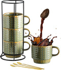 Miamolo Stackable Coffee Mugs Set of 4 with Spoons & Rack, Space-saving | 13oz, Ceramic, Dishwasher Safe, for Espresso Drinks Latte Cappuccino Tea, Turkish Coffee Cup, Housewarming Wedding Gift