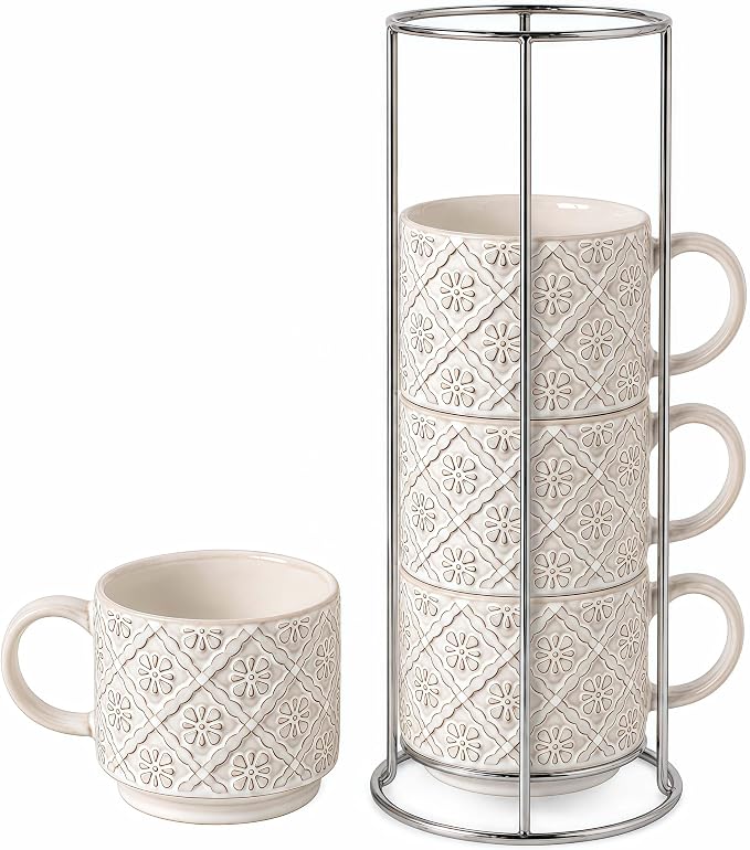 6 Oz Coffee Mugs with Stand, Stackable Coffee Cups Set of 4, Ceramic Espresso Cups, Embossed Cappuccino Cups for Latte, Cocoa, Mocha, Tea, Housewarming Wedding Present, Dishwasher Safe