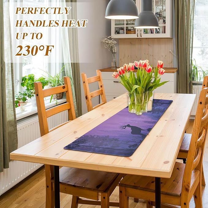2 in 1 Table Runner Trivet for Hot Pots and Pans Heat Resistant Non Slip Waterproof 39 x 12 Inch Decorative Table Protector for Kitchen Countertop Purple Stag Mountains Moon and Trees