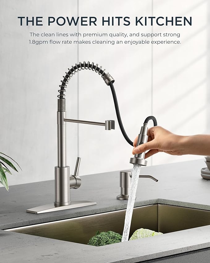 FORIOUS Kitchen Faucets with Pull Down Sprayer, Brushed Nickel Stainless Steel Commercial Single Handle Classic Spring Pull Out Sink Faucet for Pot Filler, Farmhouse Camper Bar Laundry Room