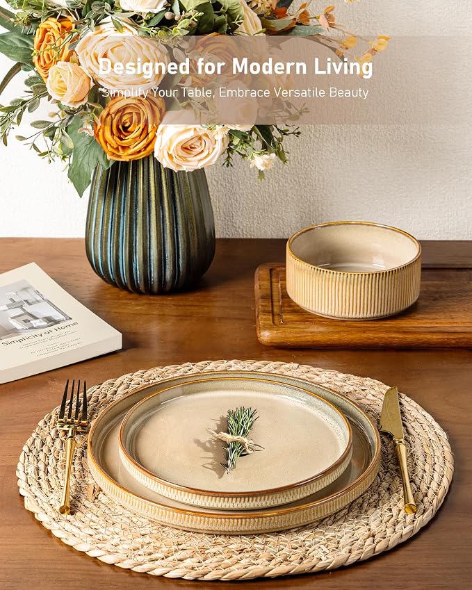 GBHOME 18-Piece Stoneware Dinnerware Set for 6 – Ribbed Ceramic Plates and Bowls, Scratch-Resistant, Microwave & Dishwasher Safe, Reactive Glaze, Barley Latte