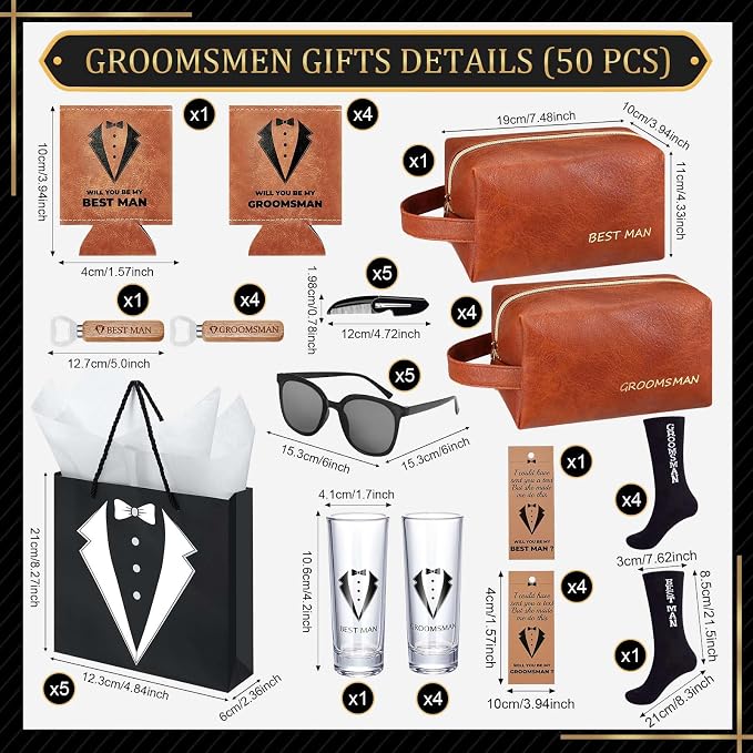 50Pcs Groomsmen Gifts Groomsmen Proposal Box with Shot Glasses Socks Sunglasses PU Leather Toiletry Bag Bottle Opener Can Cooler Groomsman Gifts for Wedding Groomsmen Best Man Gift (50, Brown)