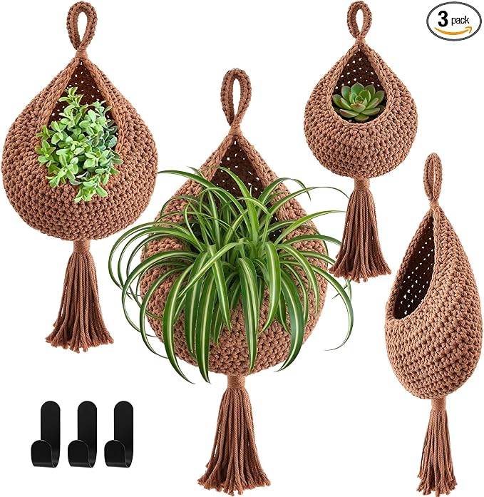 Honeydak Boho Decor Hanging Wall Baskets for Kitchen 3 Pack Teardrop Baskets with Hooks Storage Fruit Onion Vegetable Potato for Home 3 Sizes(White,Tassel,Cotton Rope)