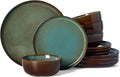 Famiware Milkyway Stoneware Dinnerware Set, 12-Piece, Double Reactive Glaze, Plates and Bowls, Service for 4, Microwave and Dishwasher Safe, Scratch-Resistant, Moss Green & Cocoa
