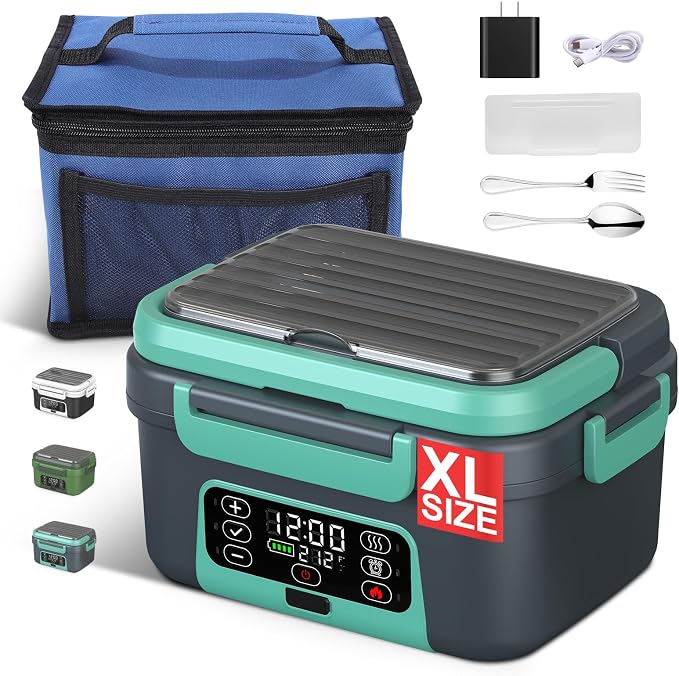 Cordless Electric Heated Lunch Box, 1.5L - 6.3 Cups 100W Rechargeable Smart Self-Heating Food Warmer with Removable Divider, Spoon, Fork, BPA Free, Portable Lunchbox for Car Travel Office Lake Green