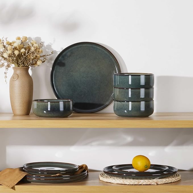 Herogo 12 Pieces Square Stoneware Dinnerware Set, Service for 4, Dinner Plates and Bowls Sets, Double Reactive Glaze Dishes Set for Kitchen, Scratch Resistant, Dishwasher Safe, Moss Green