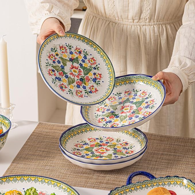 24-Piece Ceramic Dinnerware Set, Service for 8, Bohemian Floral Dish Set, Includes Plates and Bowls Sets, Microwave & Oven & Dishwasher Safe, Vintage Dish Set