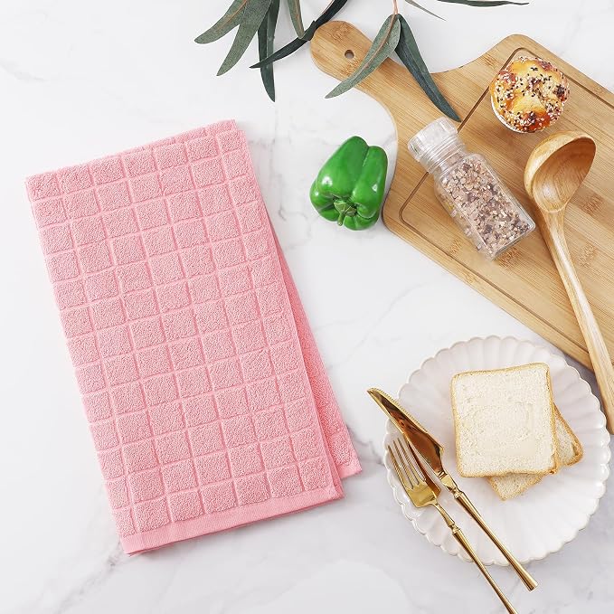 Homaxy Premium Cotton Kitchen Towels 16"x 28", Large Natural Ring Spun 390 GSM Dish Towels, Super Absorbent Terry Kitchen Hand Towels, Soft Tea Towels with Hanging Loop, Pure Pink Check Design, 4 Pack