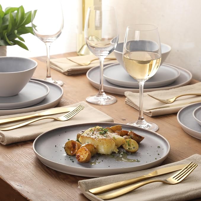 Gibson Elite Coastal Forest Plates and Bowls Sets, 12-Piece Stoneware Dinnerware Sets, Triple Reactive Glaze Dish Set - Light Grey and Cream White