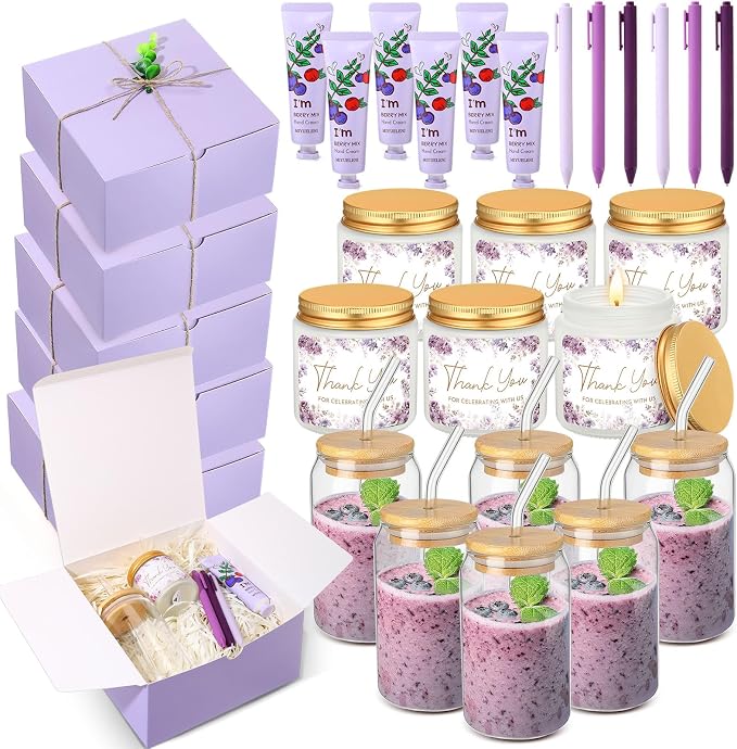 Reallnaive 6 Sets Baby Shower Prizes for Game Winners, Baby Shower Favors Including Glass Cup Scented Candles Hand Cream Pens Gift Box with Raffia for Gender Reveal Wedding Bridal Party Prizes(Purple)