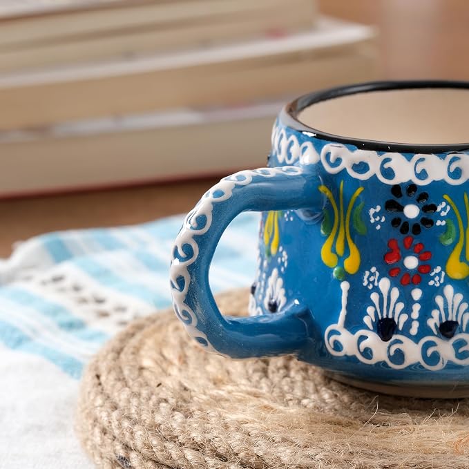 BCS 6 Oz Cappuccino Cups Set of 2, Ceramic Coffee & Tea Mugs, Colorful Handmade Cups, Dishwasher & Microwave Safe Ceramic Mugs (3 Inches, Blue - Red)