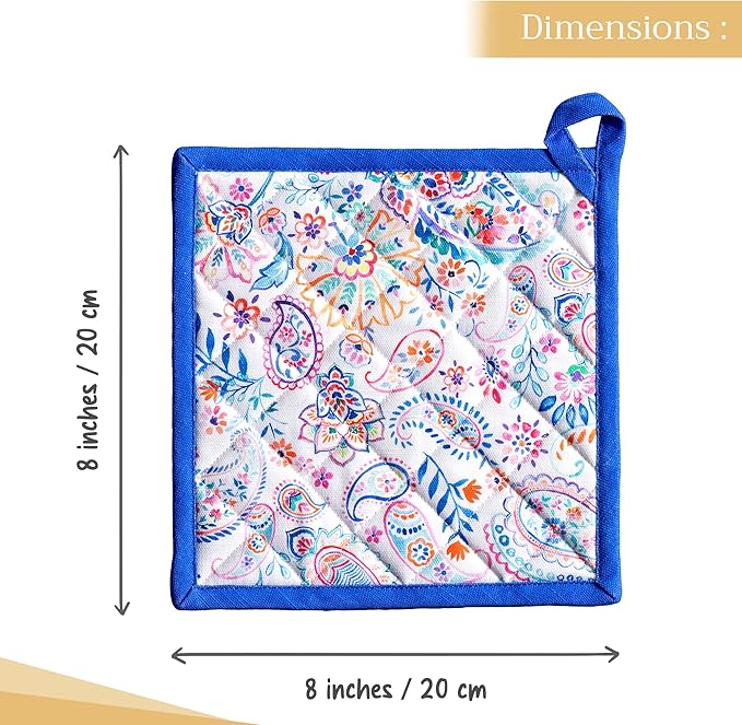 Maison d' Hermine Pot Holders 100% Cotton Heat Resistant Potholders 8" x 8" Hot Pads with Loop BBQ Cooking Baking Gifts for Mothers Day Handling Hot Pans Spring/Summer (Pack of 2, Indian Floral)