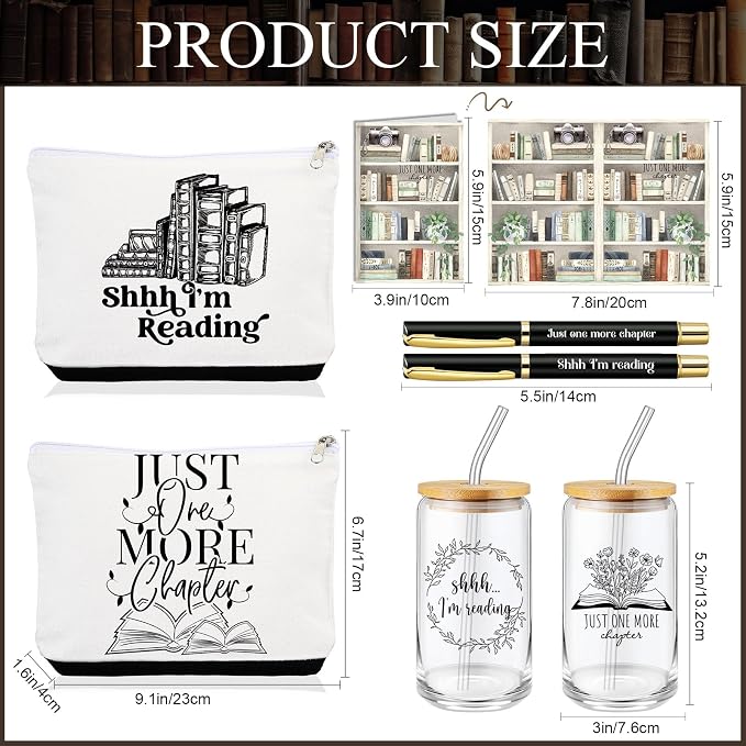 8 Pcs Books Club Gifts Book Lovers Gifts for Women Blind Date with a Read Include 16 oz Glass Cup Canvas Makeup Bag Ballpoint Pen Card for Librarian Reader Bookish Teacher