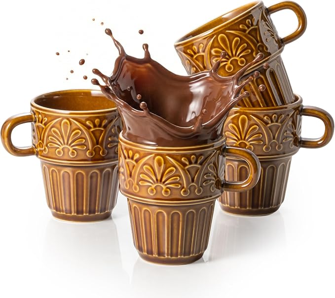 Ceramic Coffee Cups, Coffee Mugs Set of 4, 12 OZ Ceramic Mugs, Stackable Mug, Brown, Microwave & Dishwasher Safe for Hot Drinks Cocoa Latte, Perfect for Daily Use Gathering & All Holiday Gifts