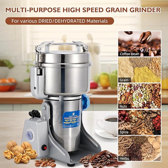 MAGIC MASTER 500g Grain Mill Grinder Electric,High Speed 1800W Commercial Safety Stainless Steel Dry Grinder Machine For Flour Wheat Nut Corn Rice Spice Pepper Herbs Coffee Beans,Swing,110V