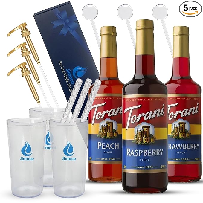 Jimoco Barista Set – Torani Raspberry, Strawberry & Peach Syrups (25.4 oz Each) with 3 Jimoco Syrup Pumps, Reusable Cups, Straws & Stirrers – Coffee, Italian Soda & Cocktail Flavoring Kit