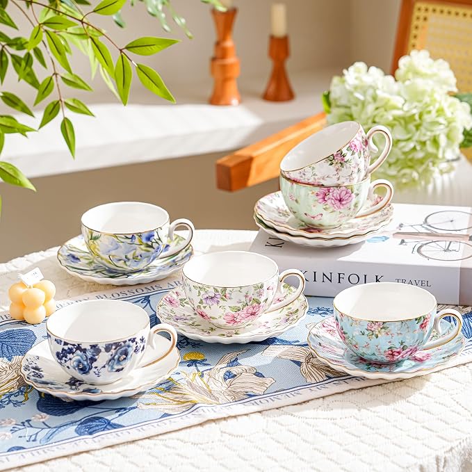 Agyiuns Tea Cup and Saucers, 6.4oz Floral Tea Cups with Gold Trim, Coffee Cappuccino Espresso Latte Mugs for Party Birthday,Christmas Gift (Pink and purple flowers)