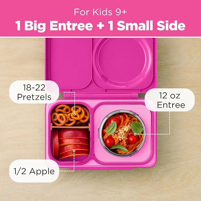 Omie OmieBox UP bento Box for Kids | Insulated Lunch Box | Leak Proof Vacuum Insulated Thermal Food jar | Cooler ice Pack | 2 Compartments (Pop Pink)