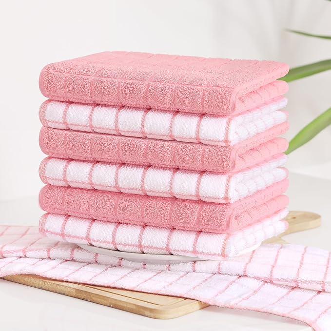 Homaxy Premium Cotton Kitchen Towels 16"x 28", Large Natural Ring Spun 390 GSM Dish Towels, Super Absorbent Terry Kitchen Hand Towels, Soft Tea Towels with Hanging Loop, Pink Check Design, 4 Pack
