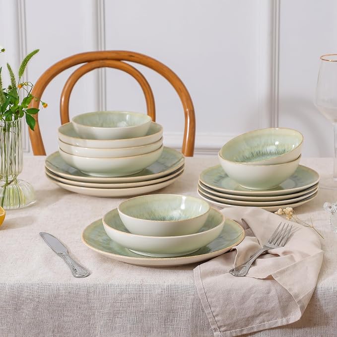 DOMICREVERY Ceramic Dinnerware Sets for 4, 16 Pieces Plates and Bowls Sets, Moss Green