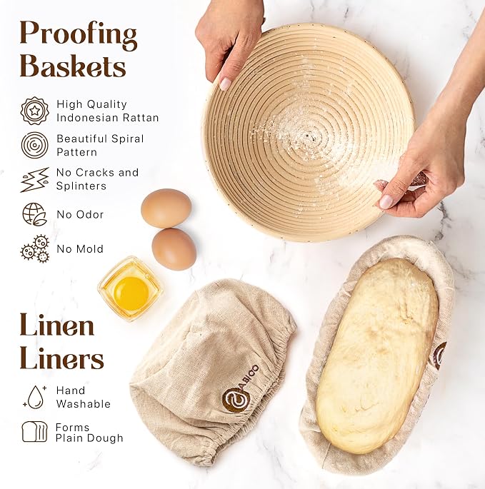 ABIOTO Sourdough Bread Baking & Starter Kit - 24-Piece Set with 9" Round & 10" Oval Rattan Baskets, 24oz Starter Jar, Bread Lame, Danish Whisk, Slings & Mat