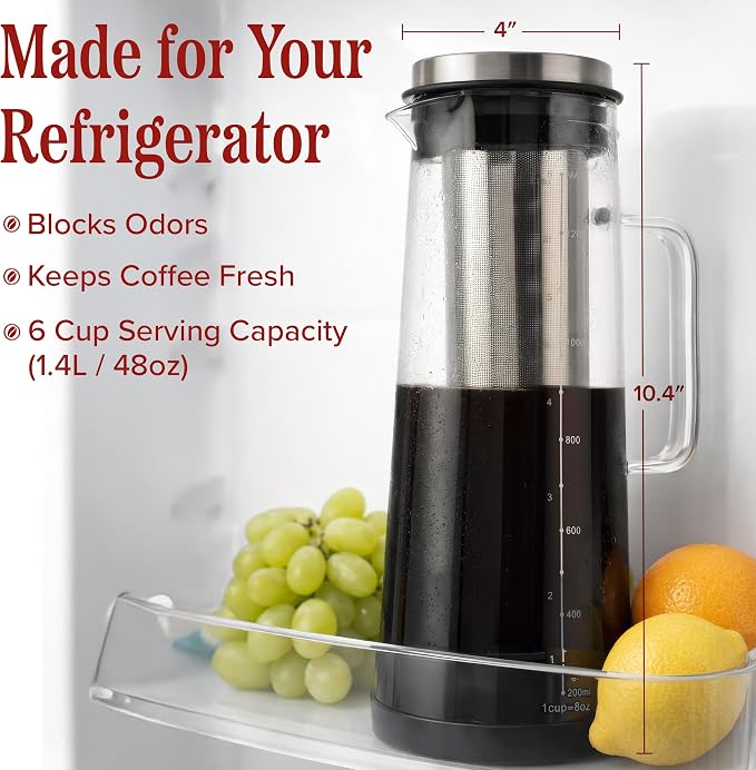Cold Brew Coffee Maker Pitcher - 1.4L/48oz Glass Carafe with Lid and Spout and Removable Stainless Steel Filter - Cold Brew Maker and Iced Tea Pitcher for Fridge by Classic Cuisine