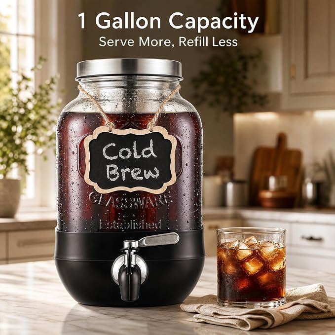 Cold Brew Coffee Maker With, Cold Brew Pitcher,1 Gallon Glass Pitcher With Stainless Steel Filter,304 Stainless Steel Leak-Proof Spigot,100% Leakproof,Large Iced Coffee Maker for Home, Easy to Use