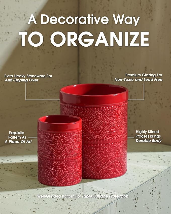FUN ELEMENTS Kitchen Utensil Holder, 7.2+5.5" Super Large Utensil Crock Heavy and Stable Lace Emboss Ceramic Utensil Holder for Kitchen Counter (2Pcs Christmas Red)