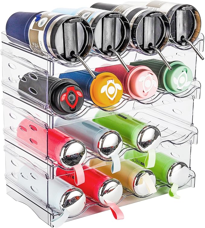 Water Bottle Organizer for 30 OZ Stanley Water Bottle, 4-Tier Stackable Tumbler Organizer & Clear Wine Rack, Water Bottle Organizer for Cabinet Pantry Kitchen Organizers and Storage, Hold 16 Bottles