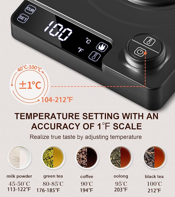 Gooseneck Electric Kettle, ±1°F Temperature Control, Up to 24H Keep Warm, 1.0L 1200W Fast Heating, 304 Stainless Steel Interior, Built-in Brew Timer, Pour Over Kettle for Coffee and Tea