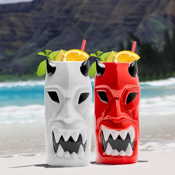 LEMONSODA Ceramic Hawaiian Tiki Glasses (Horned, Set of 4)