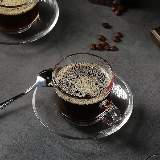 Glass Tea Cups and Saucers Set of 6, Clear Coffee Mugs with Stainless Steel Spoon, Dishwasher & Microwave Safe Teacups for Espresso Cappuccino Latte Tea Juice, 6OZ/180ML