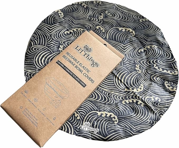 Beeswax Bowl Covers Set of 5 (XS–XL) – Reusable Elastic Food Covers for Bowls – Organic Cotton with Beeswax, Washable & Plastic-Free | Li’l Things – Japanese Waves